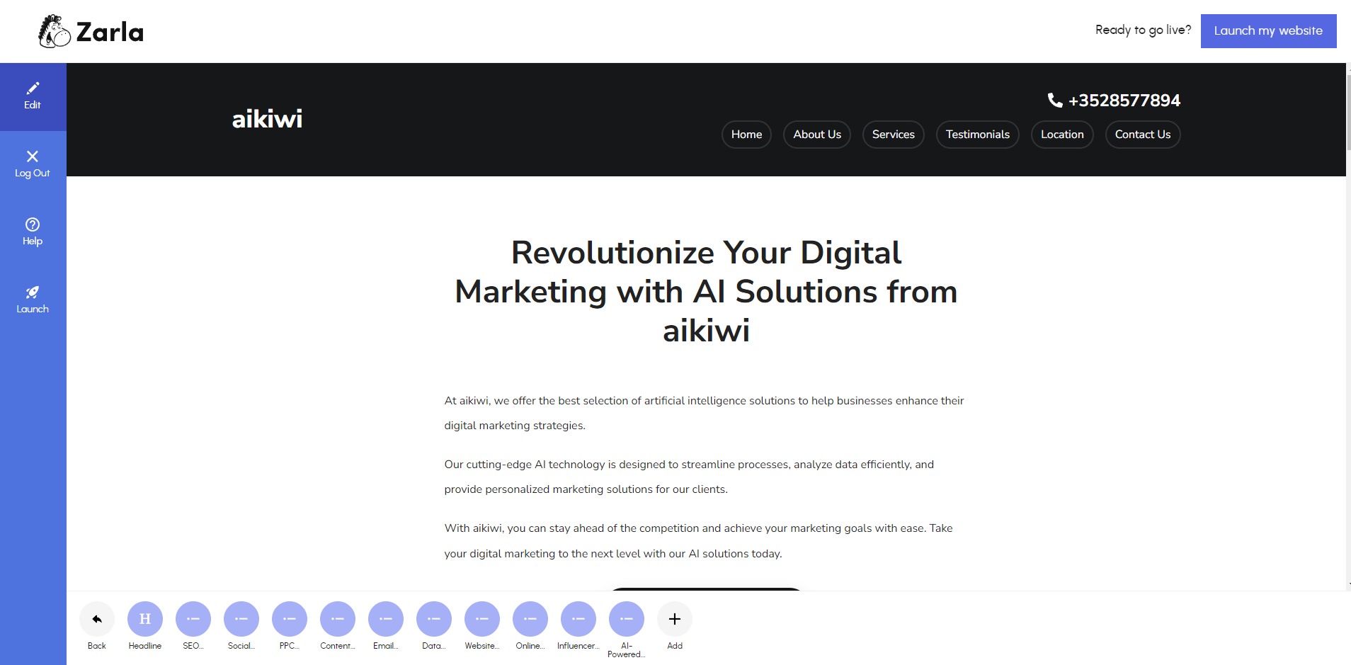 Capture de Zarla Website Builder