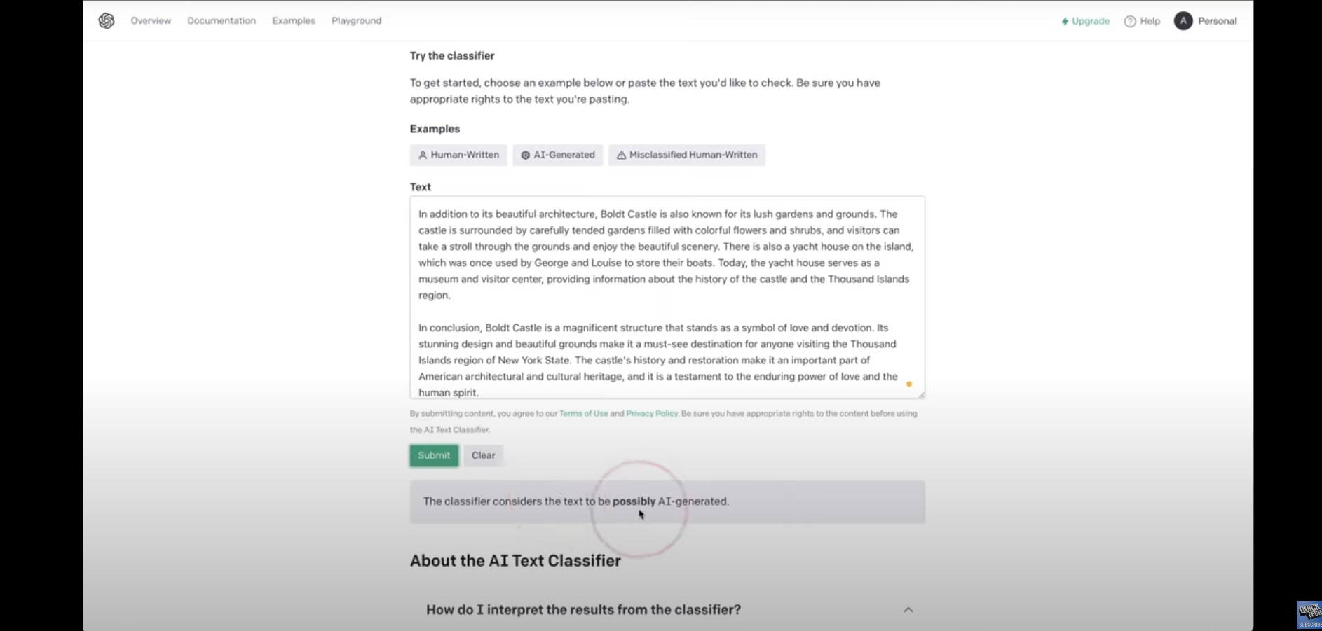 Capture de AI Text Classifier – Open Ai